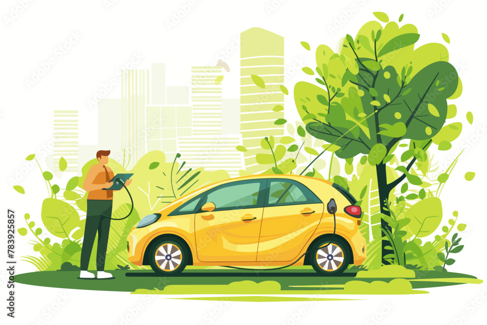 Eco-friendly business travel, electric vehicles, ride-sharing, and carbon offsetting for sustainable transportation illustrations