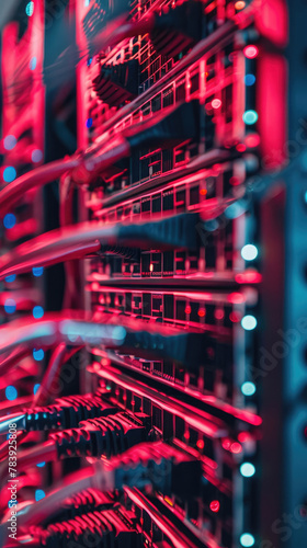Futuristic blue server racks close-up - A visually captivating close-up of blue-lit server racks in a data center, highlighting technology and information storage