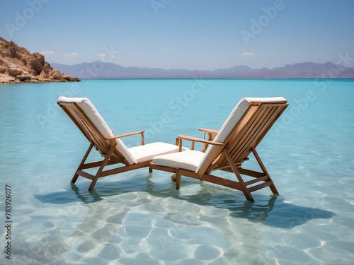 Two lounge chairs gently float in a serene pool of crystal-clear water design.