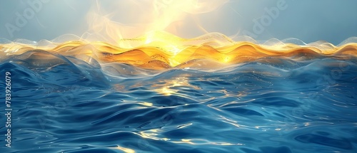 Ethereal Ocean Waves in Blue and Gold Hue Harmony. Concept Ocean Landscapes, Blue and Gold Photography, Ethereal Waves, Sea-inspired Color Palette