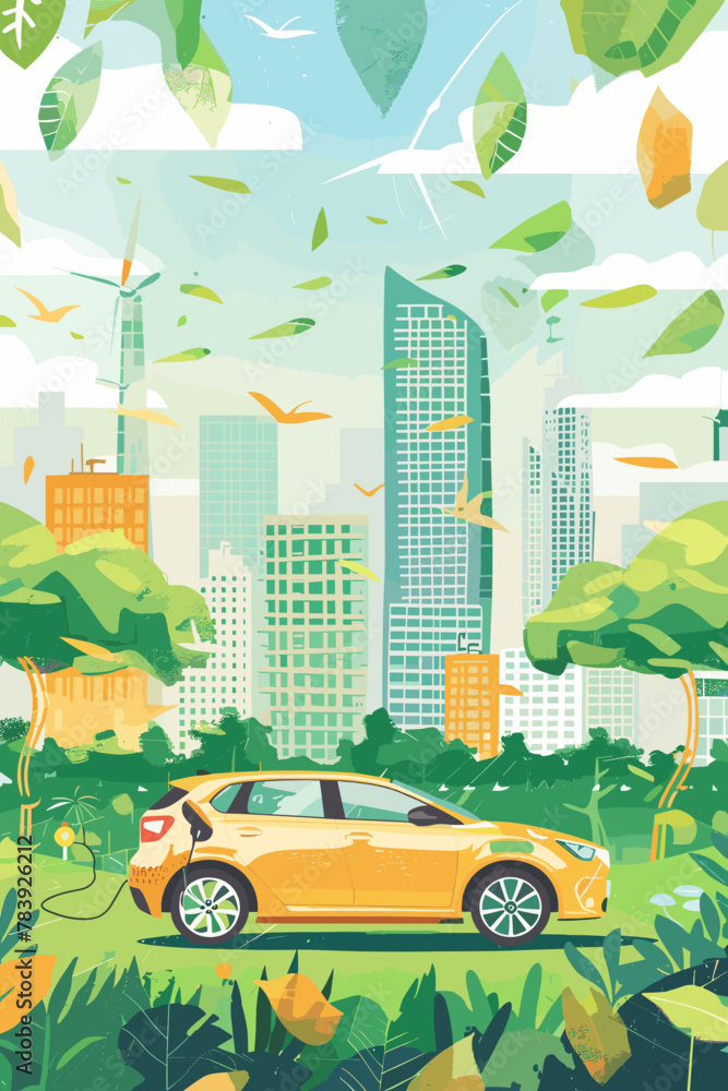 Eco-friendly business travel, electric vehicles, ride-sharing, and carbon offsetting for sustainable transportation illustrations