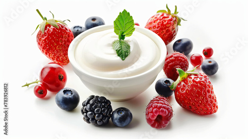 Yogurt and berries isolated on white background