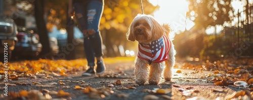 Small dog in American flag vest walking on a leaf-strewn path photo
