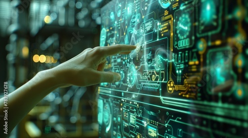 Finger pointing at high-tech digital control panel with glowing elements. Concept of modern interface interaction and futuristic technology