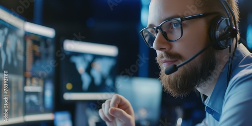 Professional IT Technical Support Specialist Working on a Computer in a Monitoring Control Room with Digital Screens. Employee wears headphones with a microphone and is talking on a call. photo