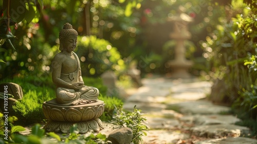 Buddha statue on pathway in lush garden with dappled sunlight. Mindfulness and garden design concept