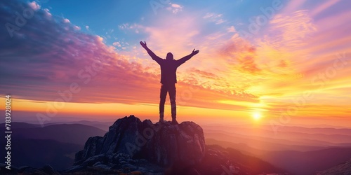 Positive man celebrating on mountain top, with arms raised up,