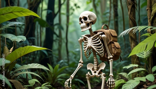 A whimsical scene depicting a human skeleton with a backpack venturing through a lush jungle, evoking a sense of exploration and adventure.. AI Generation