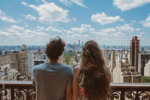 Caucasian couple enjoying the stunning view of the new york city skyline from a high vantage point