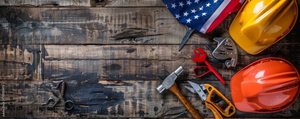 Assortment of construction tools and two safety helmets on a rustic wooden background with American flag