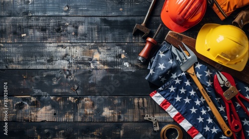 Wide angle view of various tools and a construction helmet scattered on a dark wooden surface with an American flag