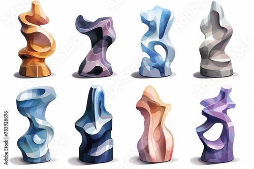 Colorful abstract sculptures set illustration. A vibrant collection of various abstract sculptures, presented with a lively color palette and dynamic shapes capturing attention