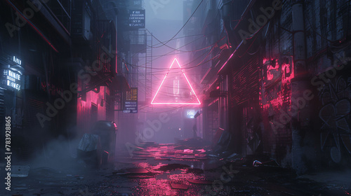 Hyperrealistic dark city scene with striking neon triangle illumination. Perfect for futuristic or urban-themed projects.