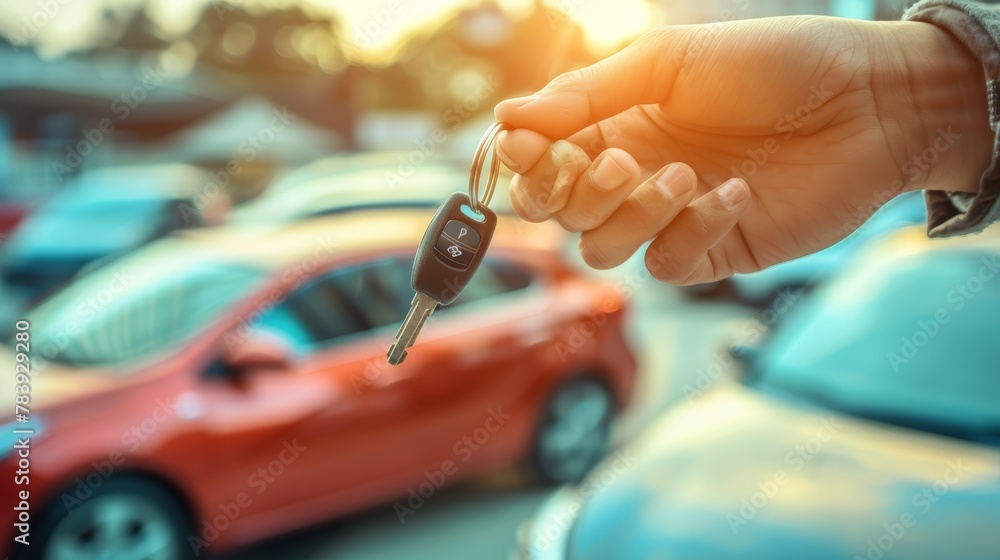 Hand holding car key in car lot. Bokeh background with selective focus on key and vehicles.