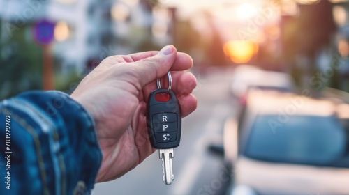 Hand holding car key with remote control. Selective focus photography with sunset and car background. © Andrey