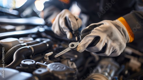 Mechanic using pliers on car engine. Close-up shot with selective focus
