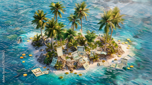 Tropical Tax Haven Island Concept with Coins and Documents