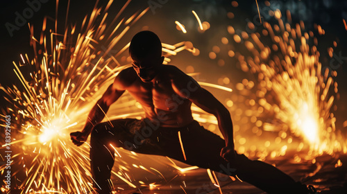 Man with sparks cascading. A man does exercises