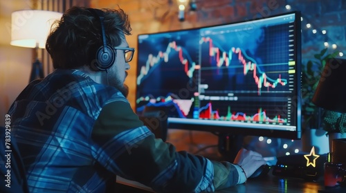 Trader with headphones focusing on stock market charts on computer monitor. Evening home trading setup with colorful desk lighting