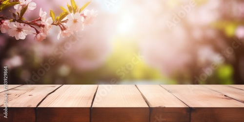 Empty wooden tabletop and spring blurred blossom flowers as background. Image for display your product.
