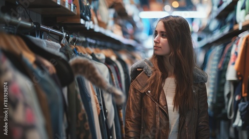 Contemplative young woman in a brown leather jacket shopping for winter clothes. Fashion boutique interior.