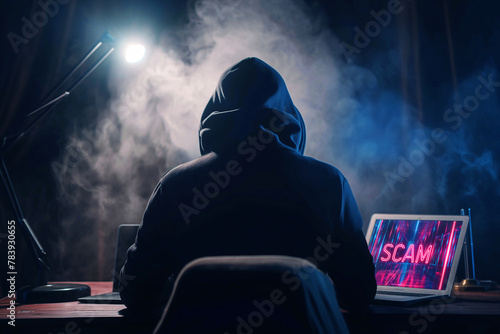 Hooded figure in a dark room engaged in cyber fraud at night