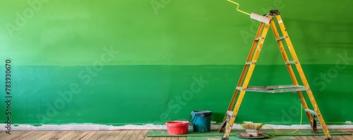 Home renovation concept with yellow ladder, paint roller, and buckets against freshly painted green wall.