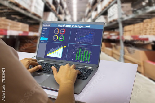 Laptop computer showing a warehouse management system on blurred warehouse as background.