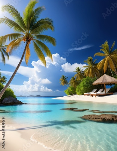 A serene beach scene with crystal-clear turquoise waters, white sand, and swaying palm trees on a perfect sunny day, epitomizing a peaceful retreat.. AI Generation