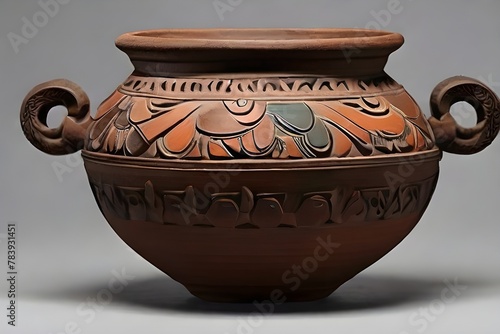 A wooden table with a blackish-grey backdrop displays an earthenware clay bowl with handles, exhibiting a lovely combination of artistic and functional dishware ,pot on a wooden background