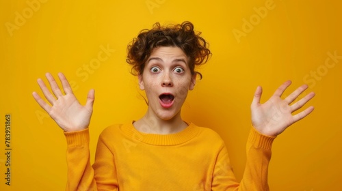 Surprised woman with hands up on yellow background.
