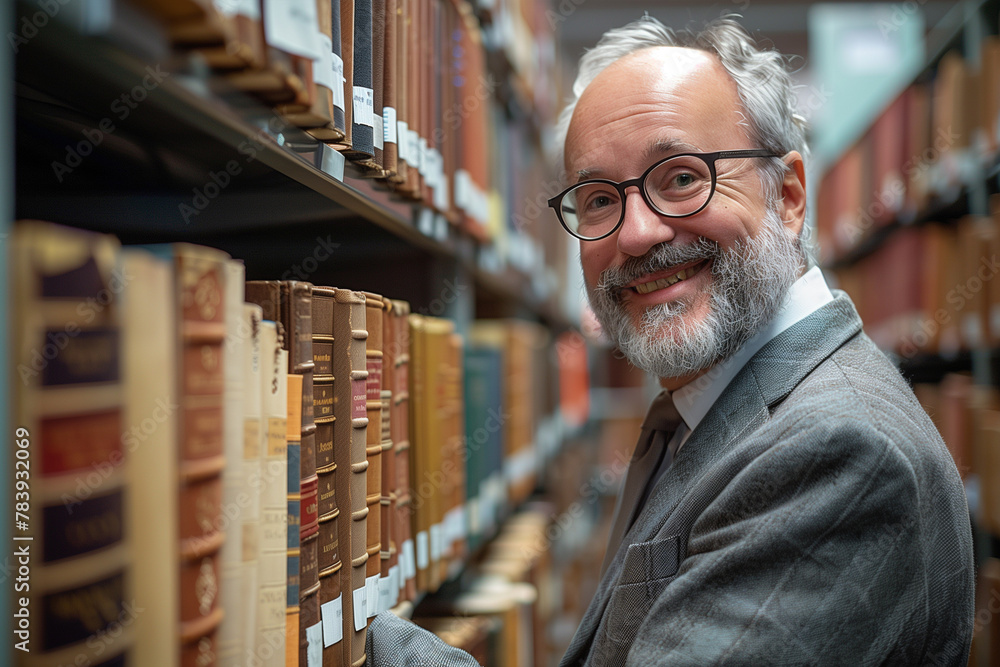 Smiling Man in Glasses Standing by Bookshelves in a Library Smiling Man in Glasses Standing by Bookshelves in a Library