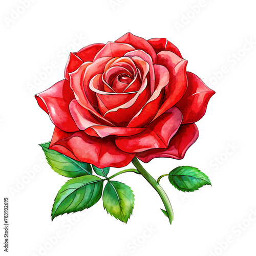 red watercolor rose flower with green leaves on white