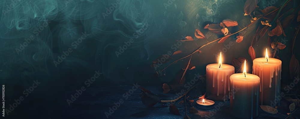 Obraz premium The serenity of softly burning candles on a dark background with ample copy space for your message