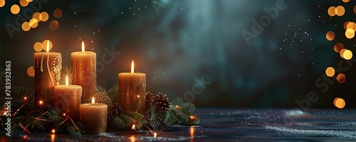 Burning candles on a dark background perfect for a quiet moment with copy space, extra wide