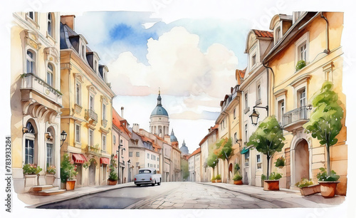 watercolor illustration of cosy charming european street