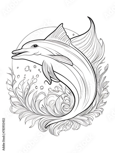 Dolphin coloring page smoothly outlined clear white color, white background, ai generated 
