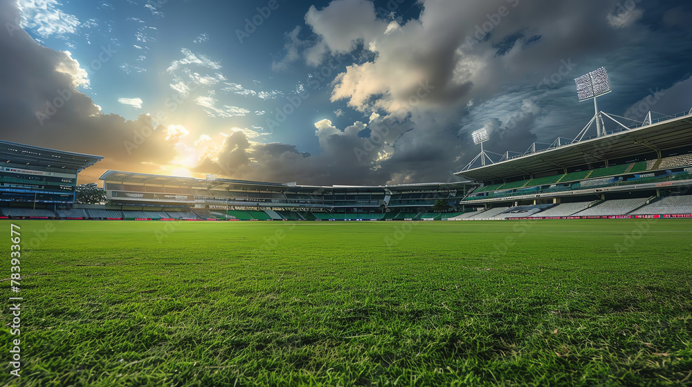 Fototapeta premium Cricket Stadium Splendor: A Panoramic Day to Evening Transition