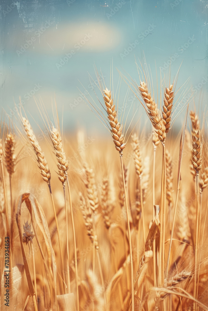 Fototapeta premium Golden Wheat Field Under Sunny Blue Sky