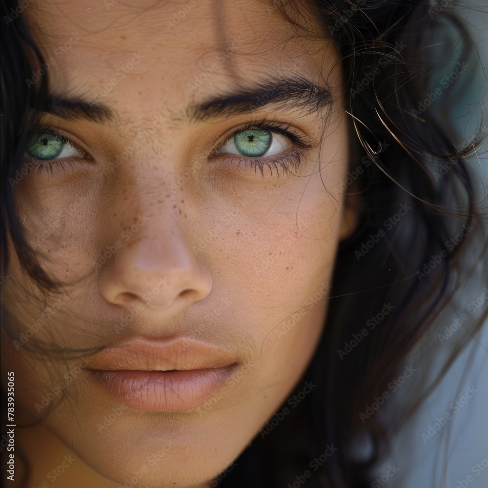 Close up shot photograph dark haired young woman with green eyes Close up shot photograph dark haired young woman with green eyes