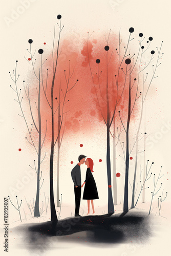 A painting of a couple sharing a kiss amongst the trees in the forest. photo