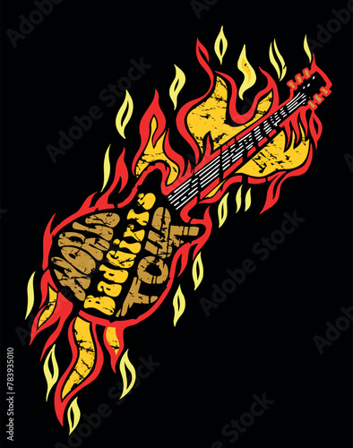 Vector illustration of a stylized musical instrument simulating flames with text alluding to music.