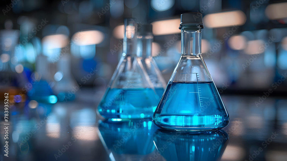 Group of Test Tubes Filled With Blue Liquid. Generative AI Group of Test Tubes Filled With Blue Liquid. Generative AI