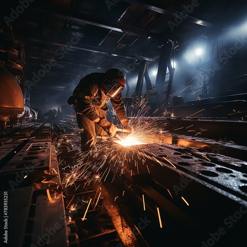 Steel girder being cut, sparks flying, close-up, high contrast, night scene, high detailed photo