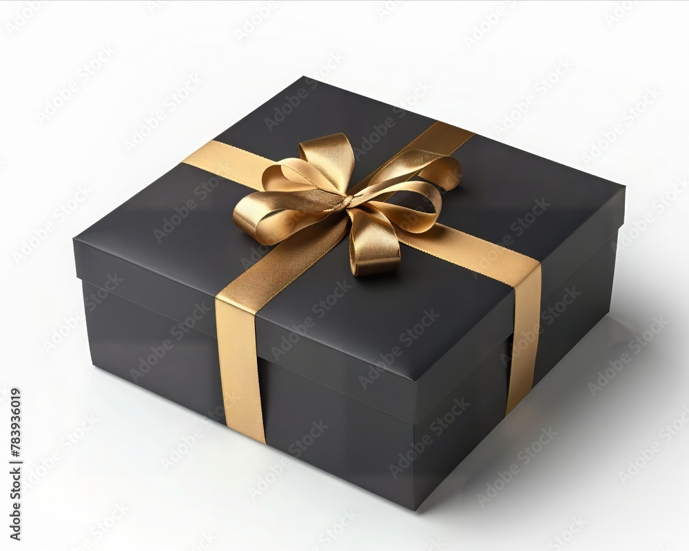 Stylish black gift box tied with a shiny gold ribbon, displayed on an unblemished white background Stylish black gift box tied with a shiny gold ribbon, displayed on an unblemished white background