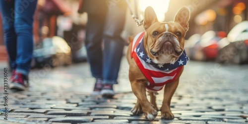 French Bulldog wearing a USA flag bandana on a cobblestone street.