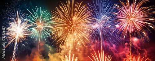 Spectacular multi-colored fireworks display with red, blue, and gold