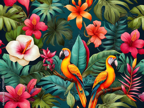 tropical pattern with jungle vegetation and exotic fauna in bright colors © SR STOCK 01