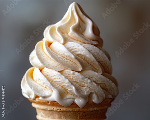 Closeup of a swirl of soft serve ice cream, capturing the texture and creamy consistency as its being twirled into a cone