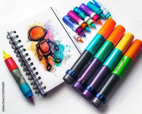 Commercial A set of colorful markers with a variety of tips rests beside a modern sketchbook with a half finished character design in a cartoon style